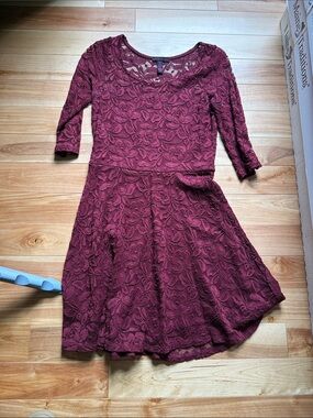 Material Girl Burgundy Lace Long-Sleeve Fit & Flare Dress